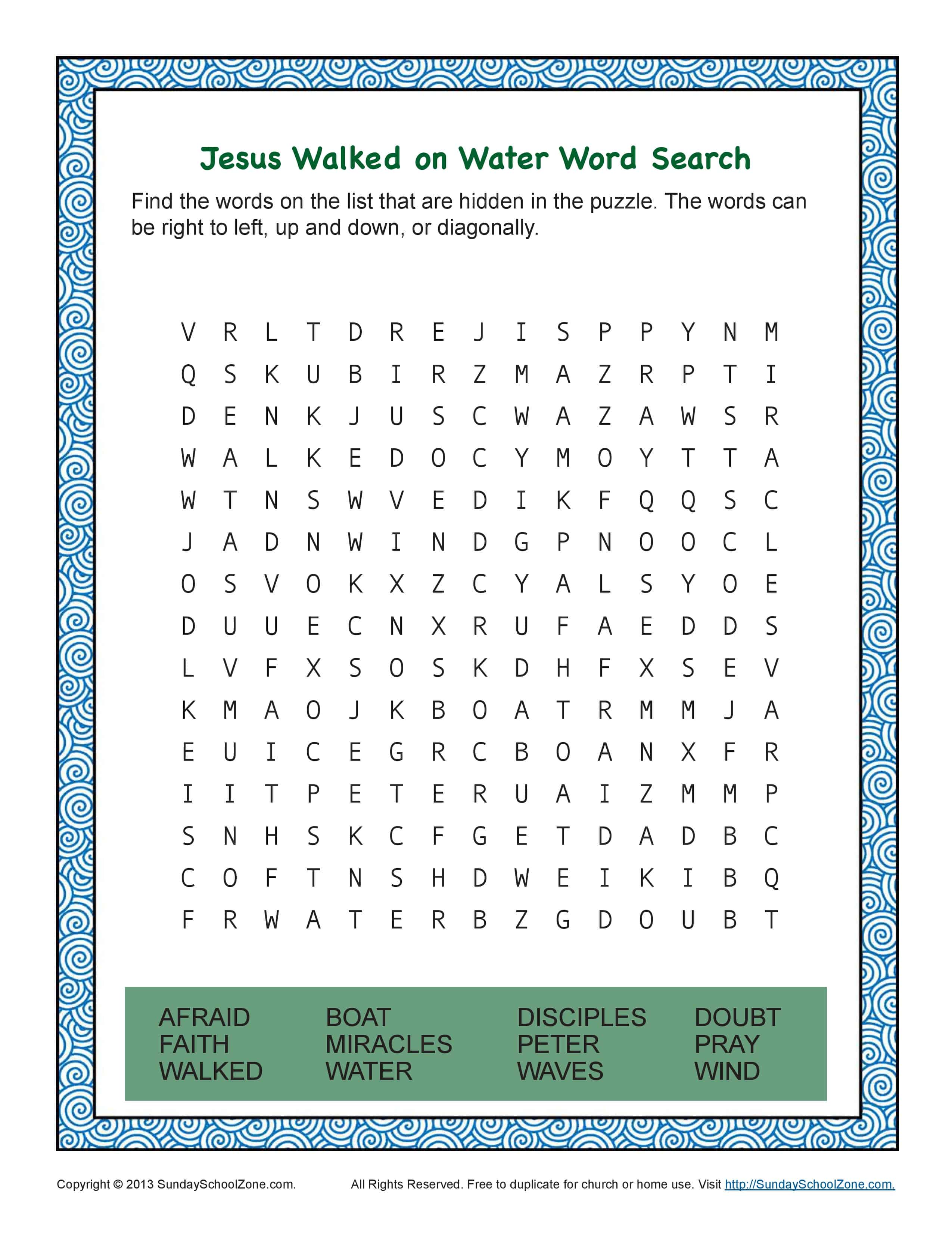 Jesus Walks on Water Word Search | Bible Activities for Children