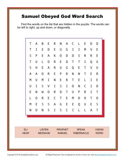 Samuel Obeyed God Word Search - Children's Bible Activities | Sunday
