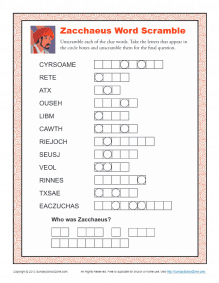 Zacchaeus Word Scramble Activity on Sunday School Zone