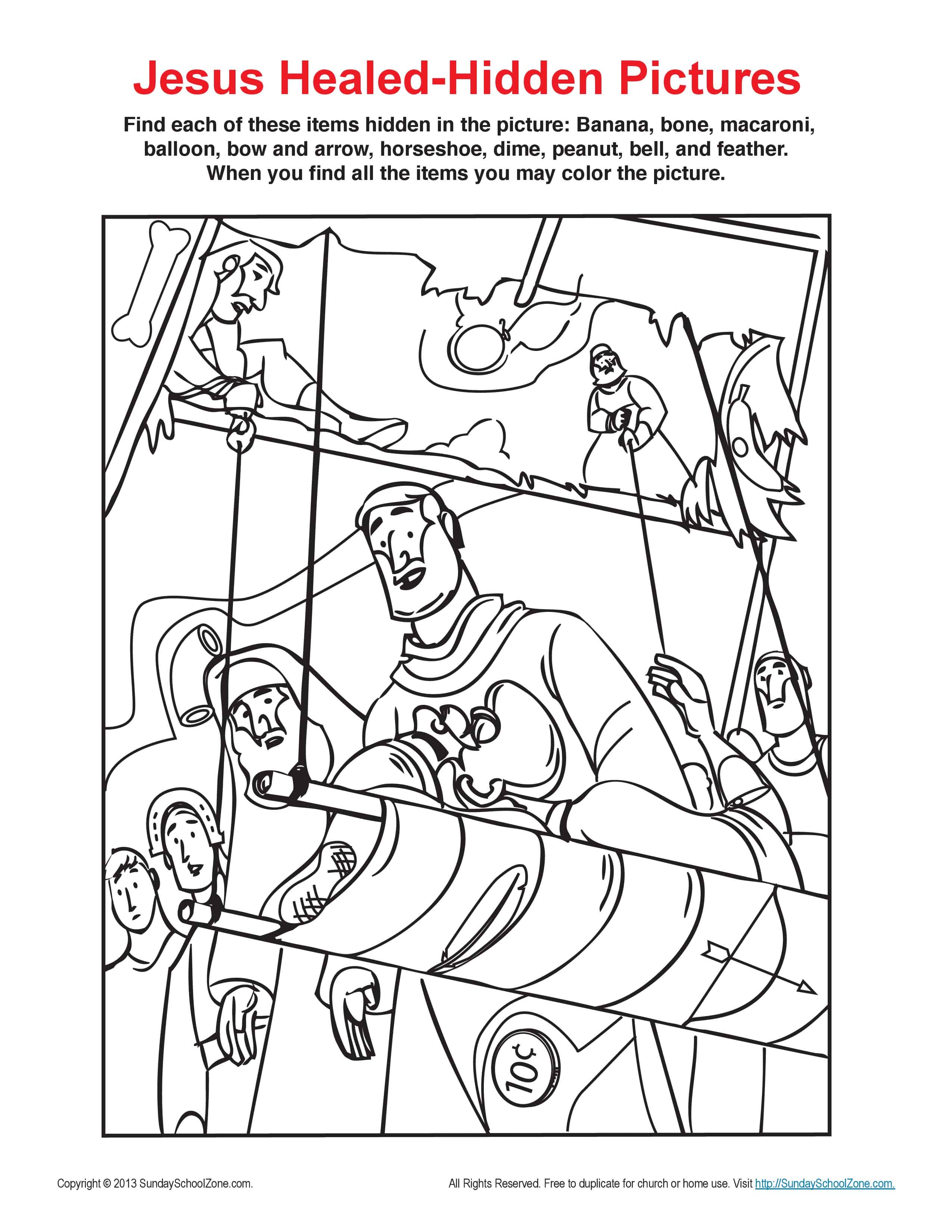 Jesus Healed the Paralytic Hidden Pictures Bible Coloring Page