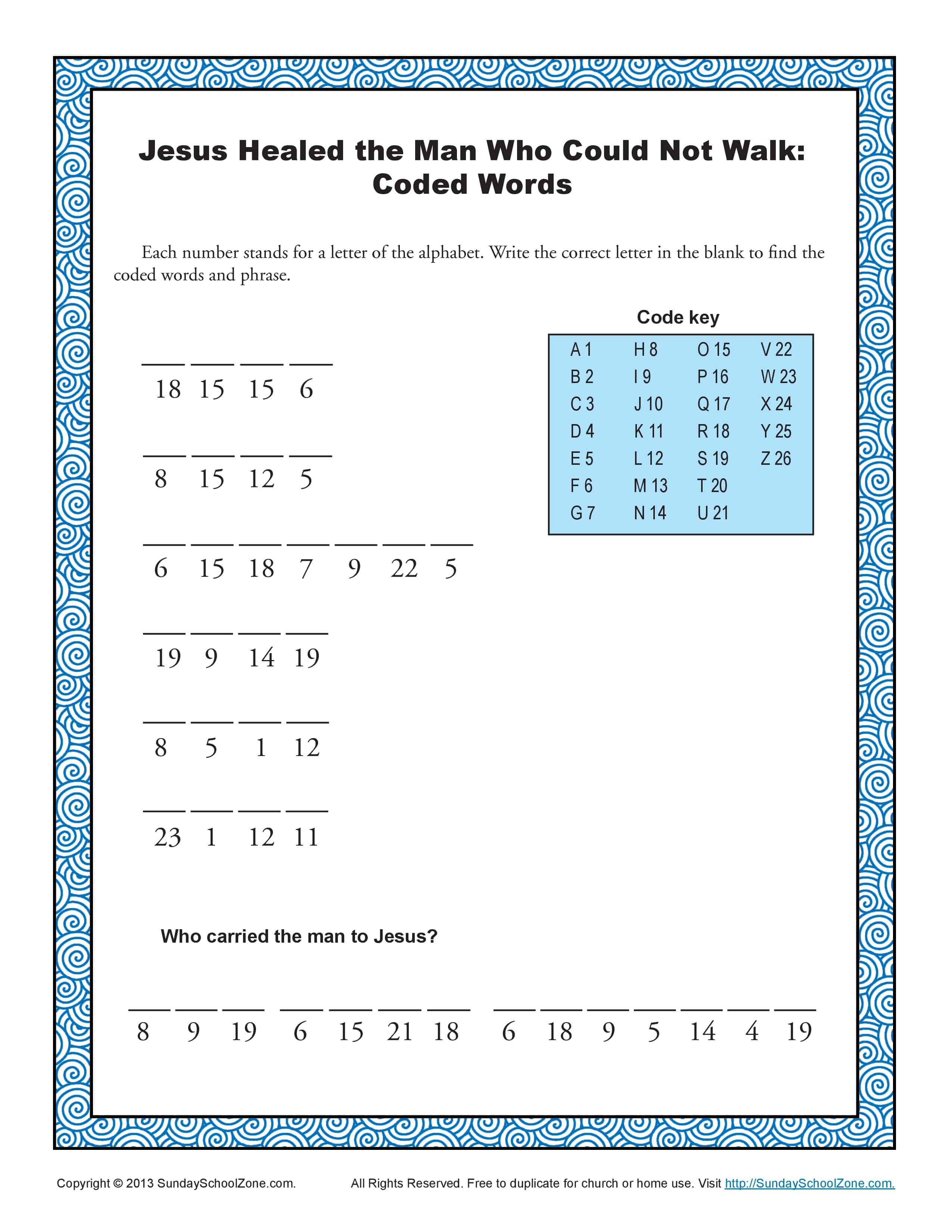 Jesus Healed the Paralytic Code Words Puzzle Bible Activities for