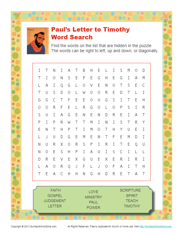 Paul S Letter To Timothy Word Search Bible Activities For Children