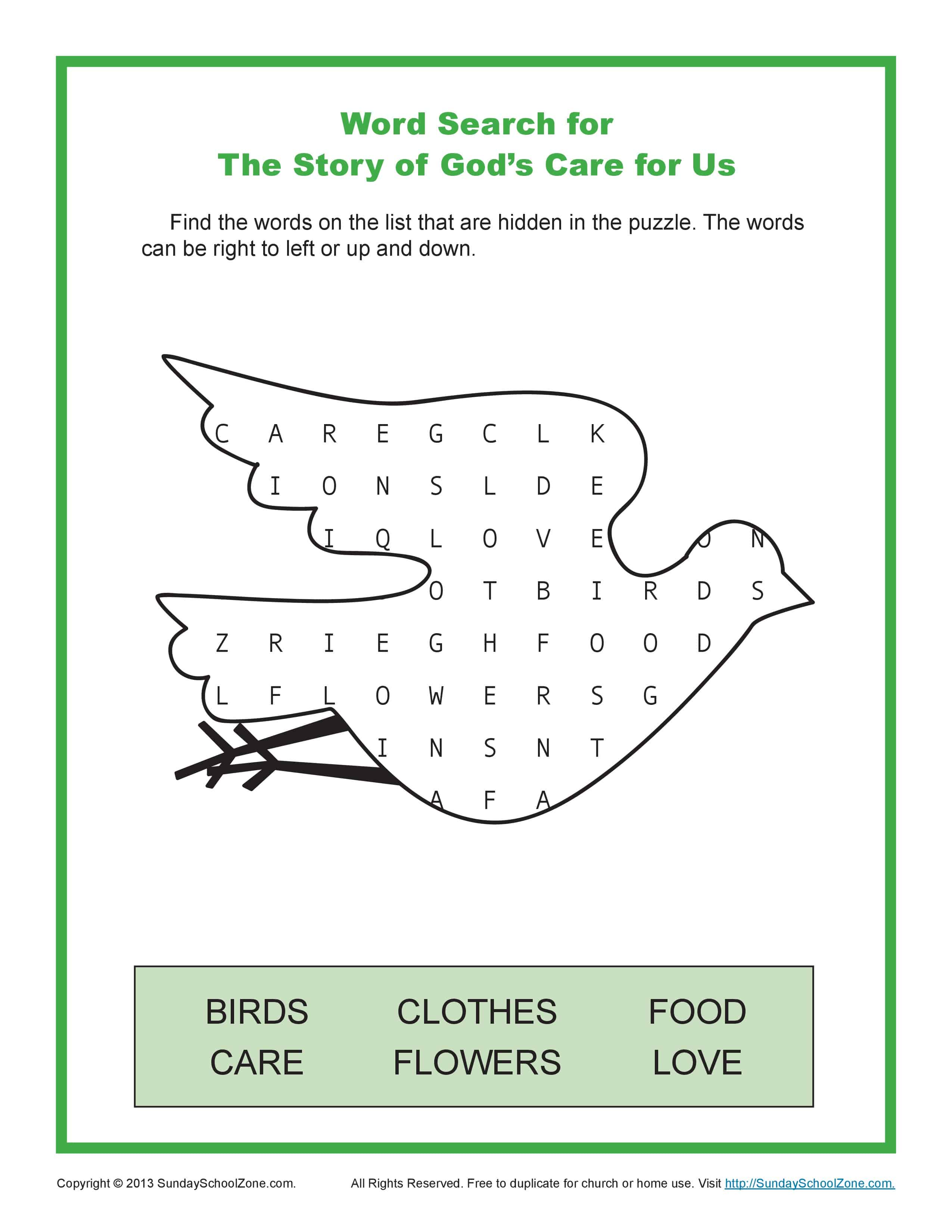 story of gods care for us word search childrens bible activities
