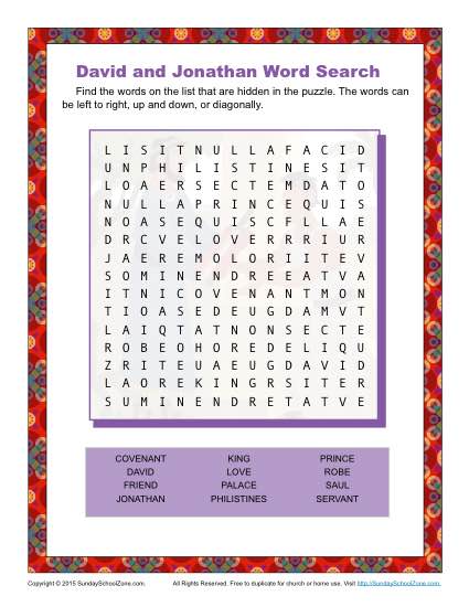 David and Jonathan Word Search - Children's Bible Activities | Sunday