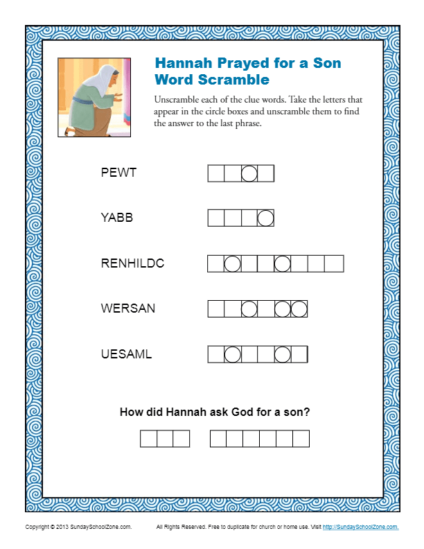 Hannah Prayed For A Son Word Scramble - Children's Bible Activities 