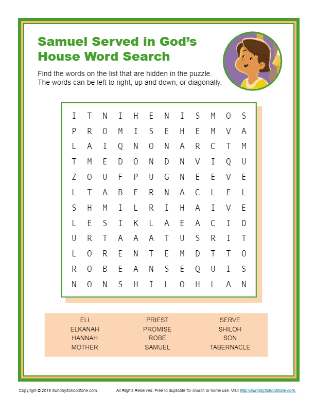 Samuel Served in God s House Word Search Children s Bible Activities