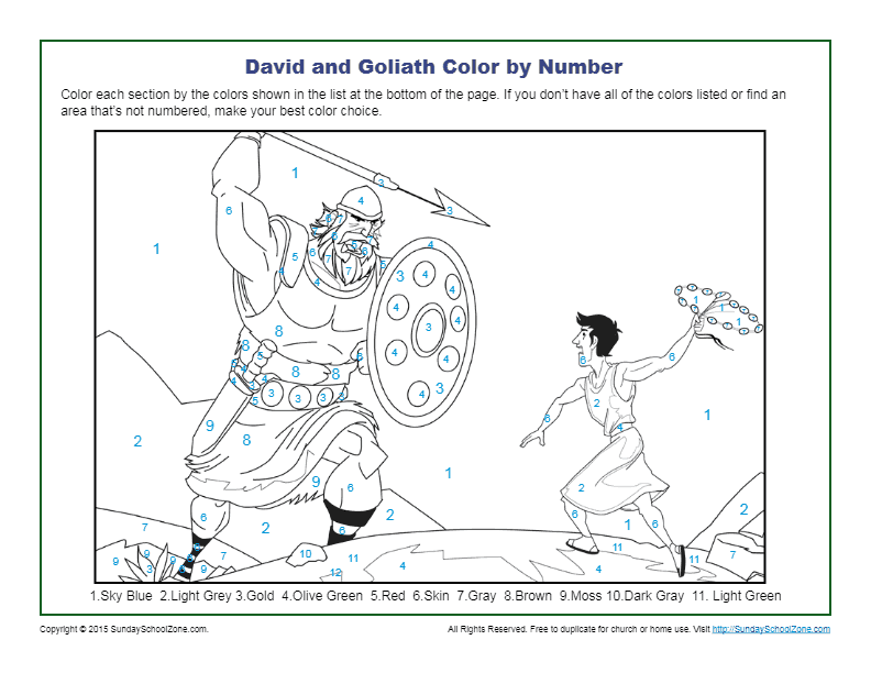 David and Goliath Color by Number Children's Bible Activities