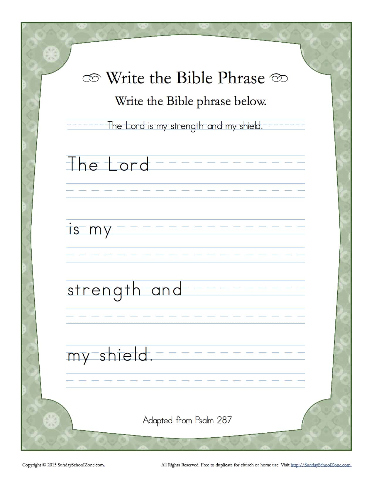 Psalms 28:7 Write the Bible Phrase Worksheet - Children's Bible