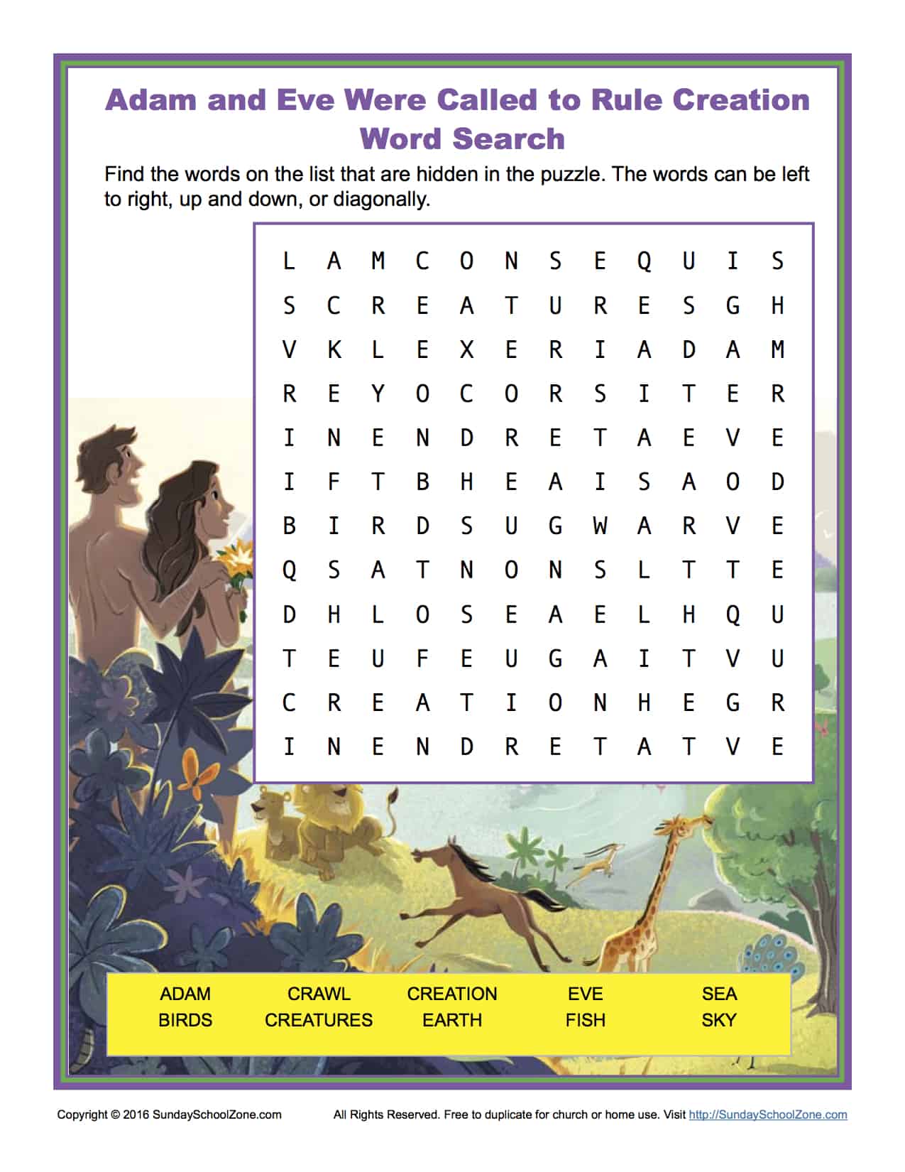 Adam and Eve Were Called to Rule Creation Word Search Children's