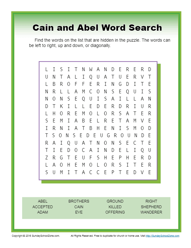 Cain And Abel Word Search Children S Bible Activities Sunday