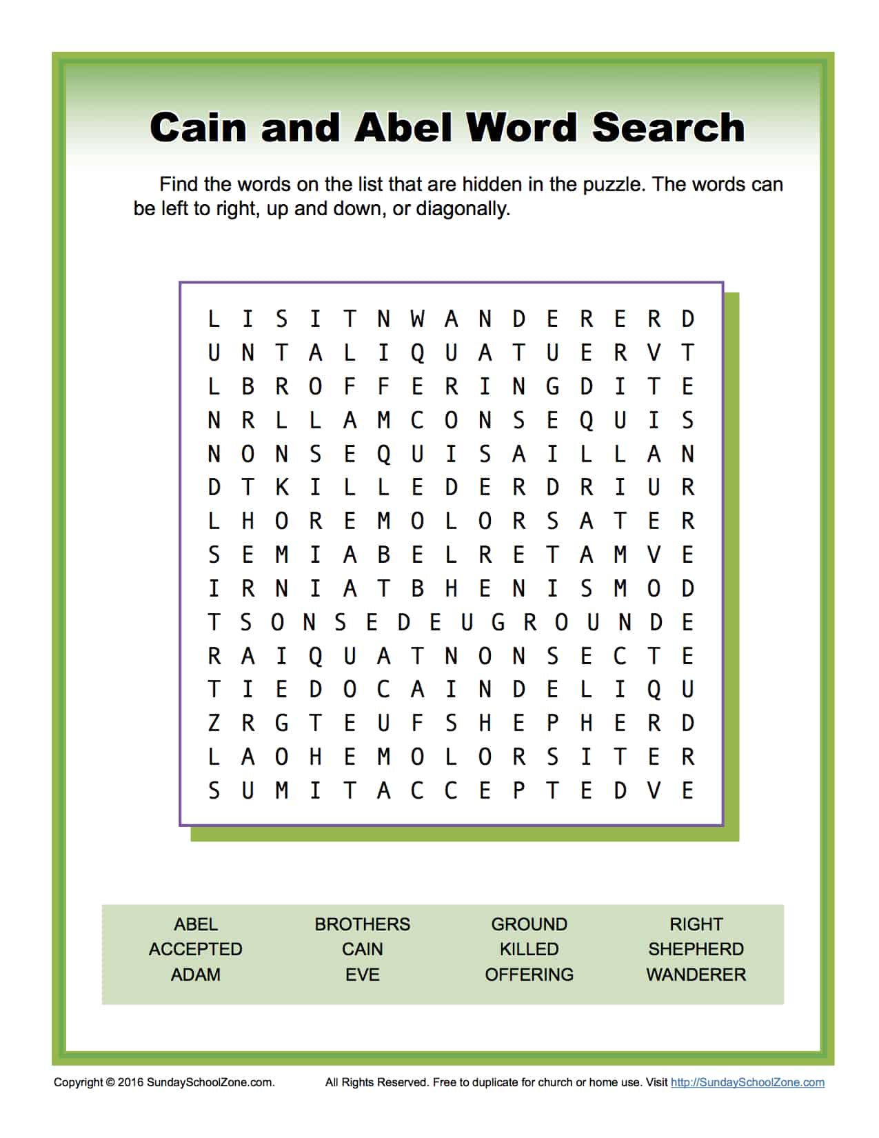 cain and abel word search childrens bible activities