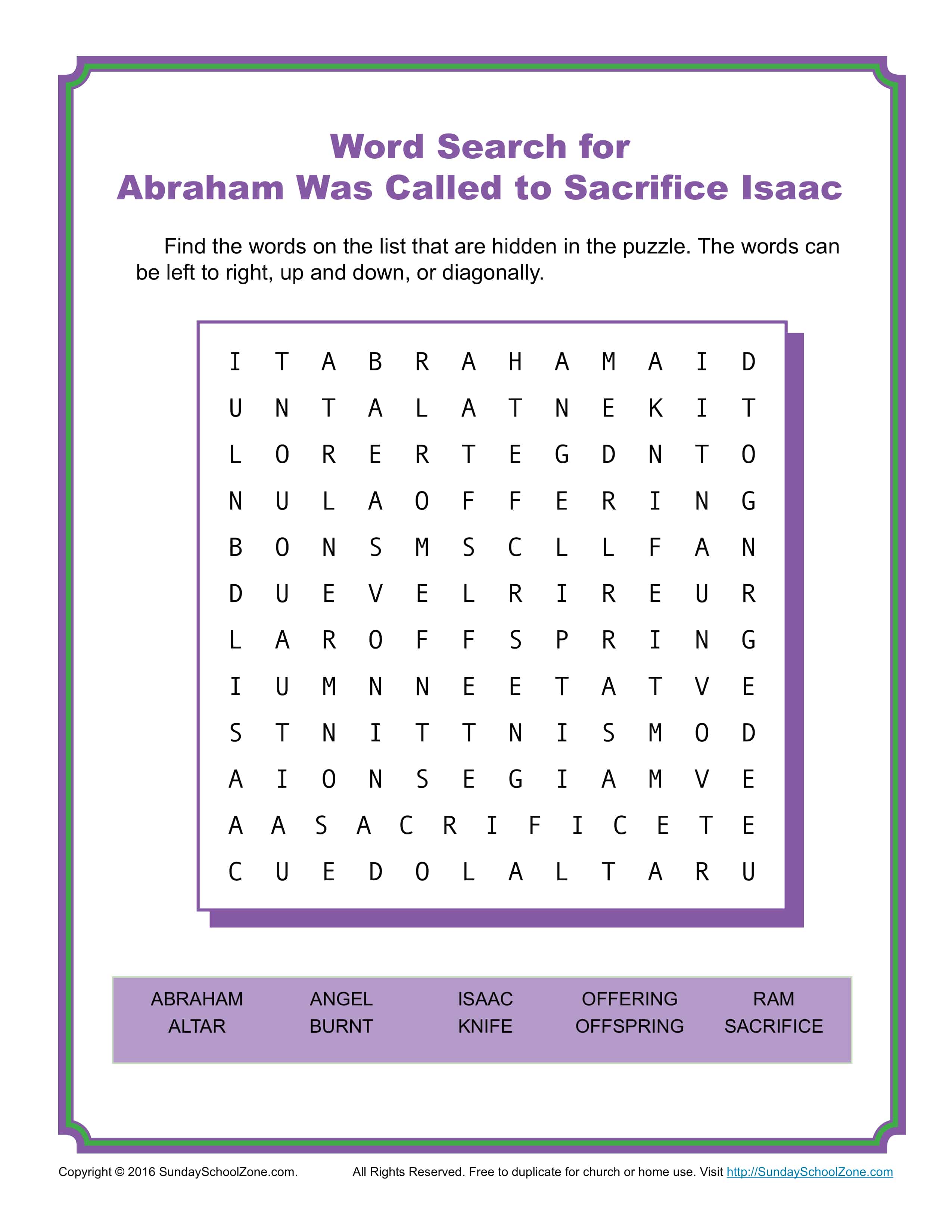 Abraham Was Called to Sacrifice Isaac Word Search - Children's Bible