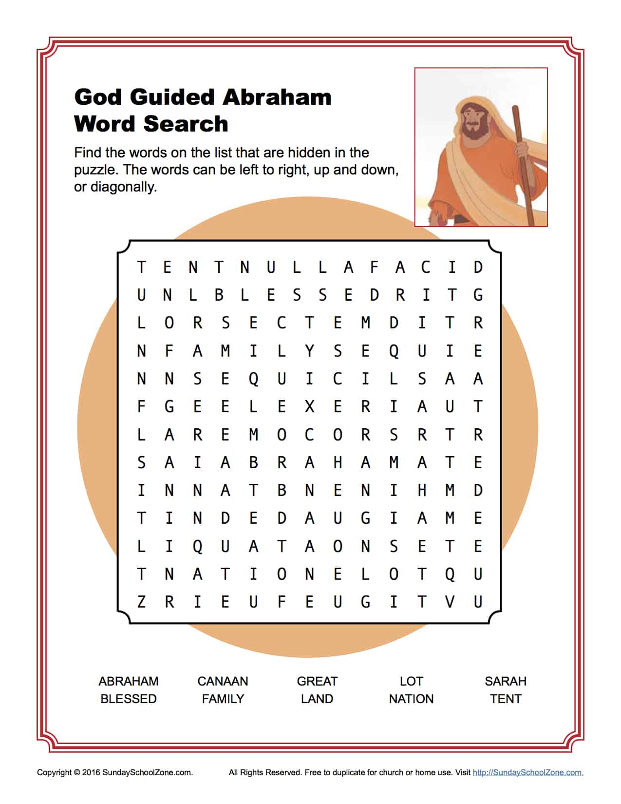 God Guided Abraham Word Search Children's Bible Activities Sunday