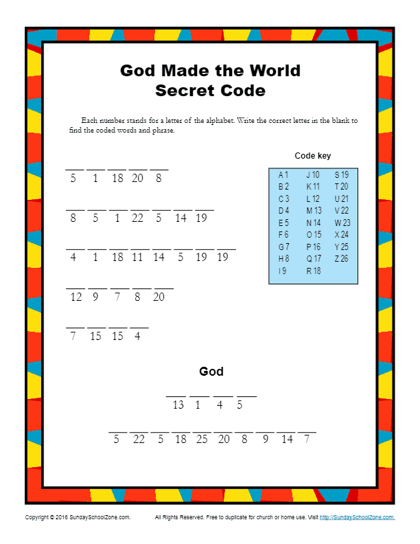 God Made the World Secret Code - Children's Bible Activities