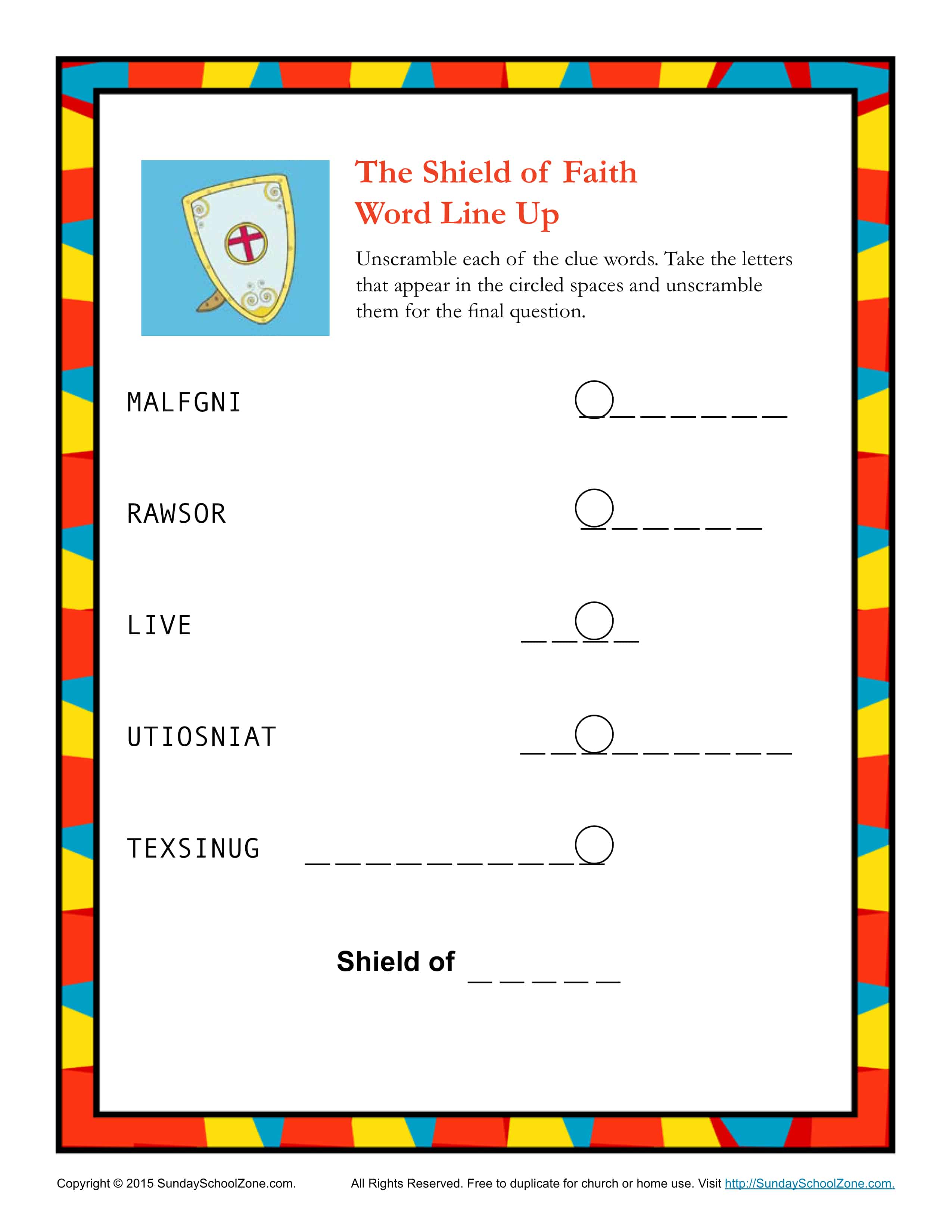 shield of faith word line up childrens bible activities