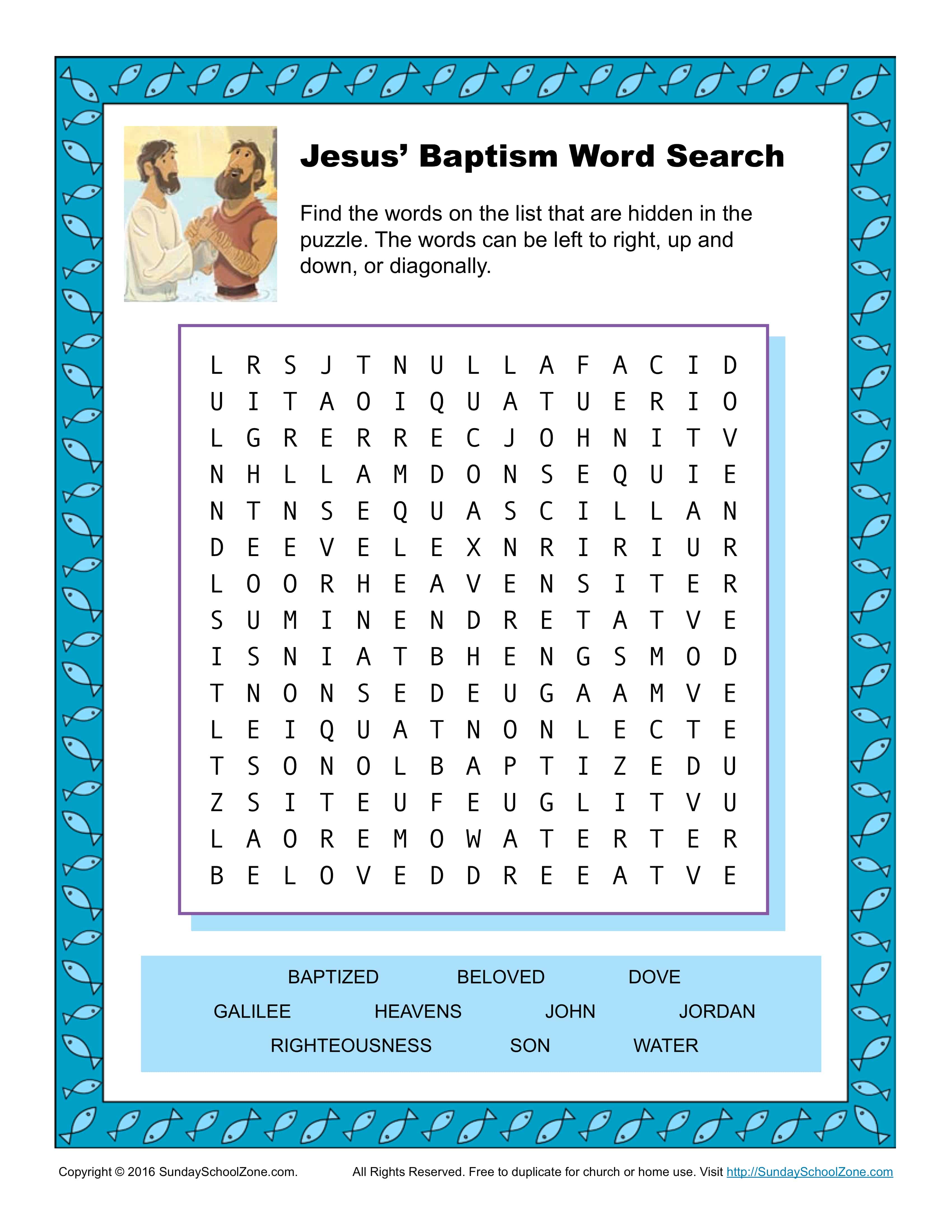 Jesus Baptism Word Search Activity Children s Bible Activities Sunday School Activities For