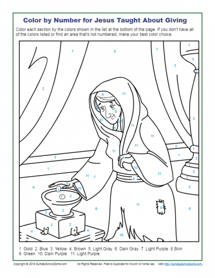 Color by Number Bible Coloring Pages on Sunday School Zone