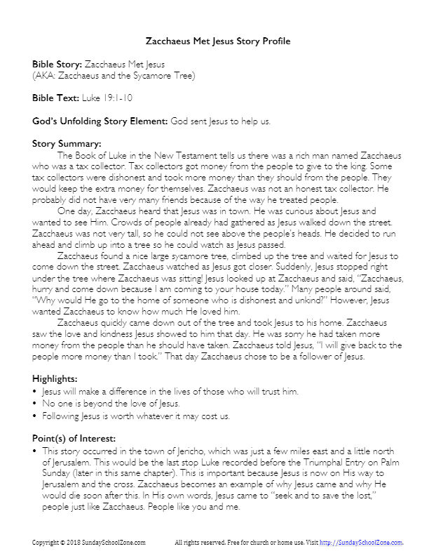 Zacchaeus Met Jesus Story Profile on Sunday School Zone