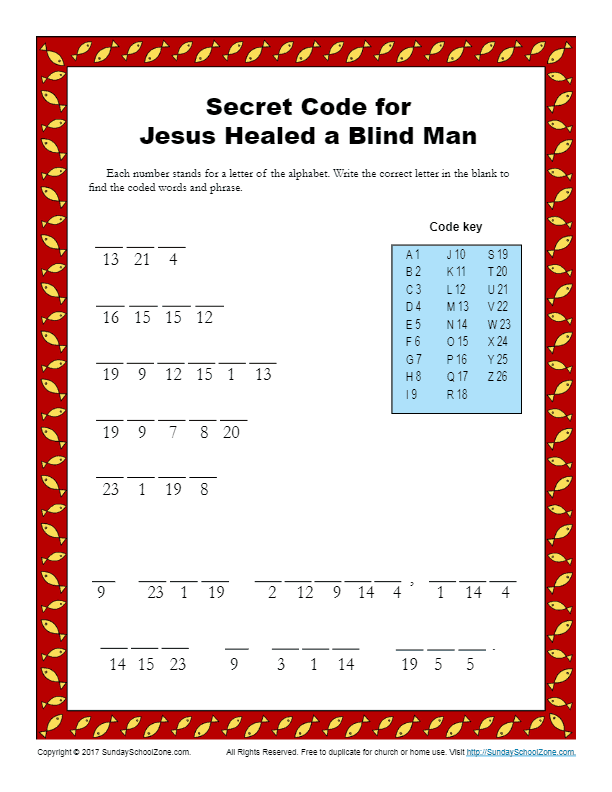 Jesus Healed a Man Born Blind Secret Code Activity for Kids