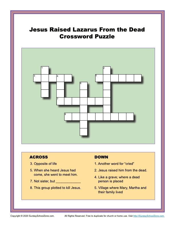 Jesus Raised Lazarus Crossword Puzzle on Sunday School Zone