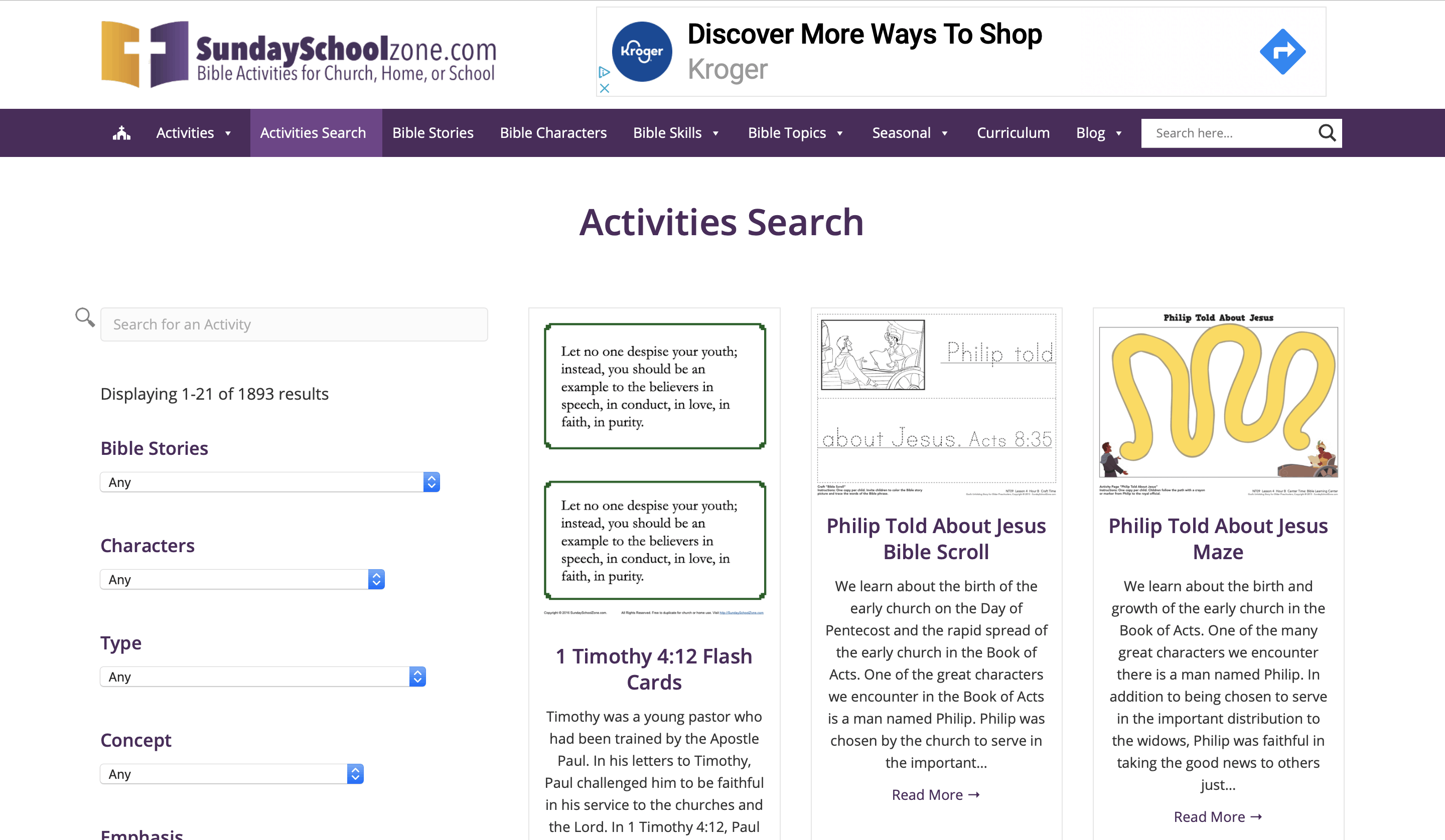 Advanced Activities Search Feature on Sunday School Zone