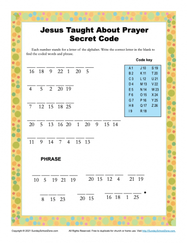 Jesus Taught About Prayer Coded Words Activity on Sunday School Zone