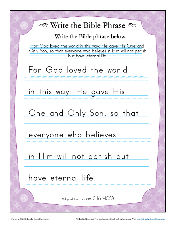 John 316 Write the Bible Phrase Worksheet on Sunday School Zone
