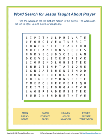 Word Search for Jesus Taught About Prayer on Sunday School Zone