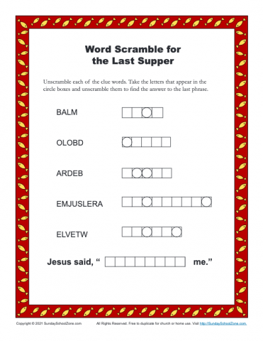 Word Scramble for the Last Supper on Sunday School Zone