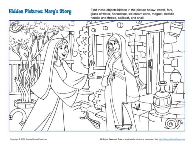 Hidden Pictures for Mary's Story Coloring Page on SSZ