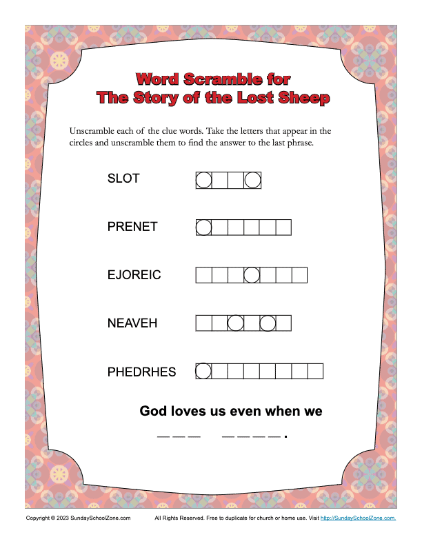 Word Scramble for the Story of the Lost Sheep