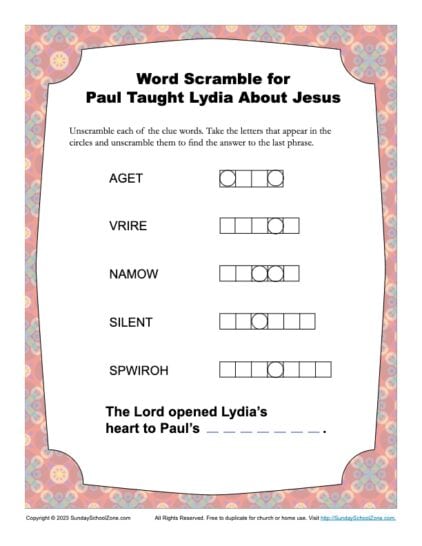 Word Scramble for Paul Taught Lydia About Jesus