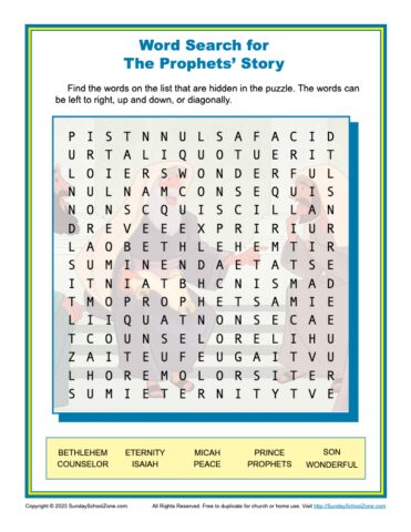 Word Search for The Prophets Story on Sunday School Zone